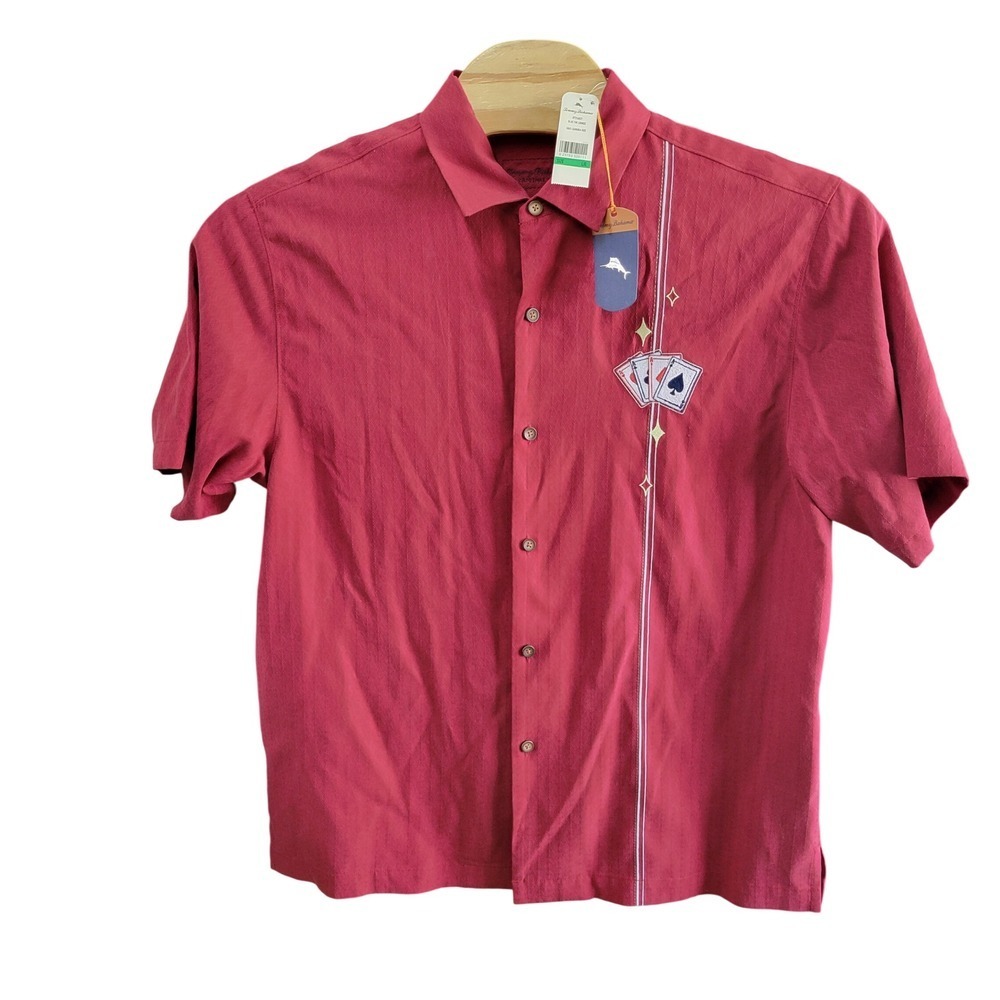 Tommy Bahama Blue Fin Lounge Silk Camp Shirt Red Playing Cards Marlin Mens L NEW - Picture 2 of 10